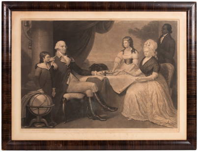 The Washington Family Engraving - After E. Savage: Item/Description: Stipple and line engraving print based on Edward Savage's 1789-96 painting and engraved by J. Sartain. American's first president is shown seated at a table with his left hand upon a