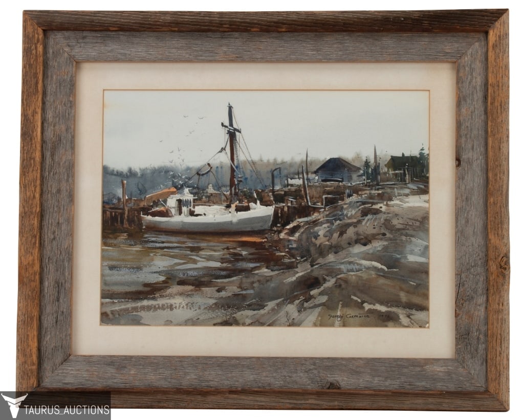 George Carpenter - Harbor Scene Water Color: Item/Description: Impressionist watercolor harbor seascape scene features a boat docked along a rocky shoreline. Signed and dated lower right. Wood frame. George Carpenter (American, 1928 - 2006) Mate
