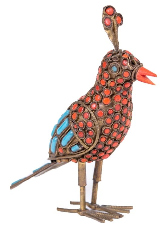 Middle Eastern Inlaid Coral & Turquoise Brass Bird (1 of 6)