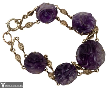 14K Carved Purple Jade Floral Station Bracelet