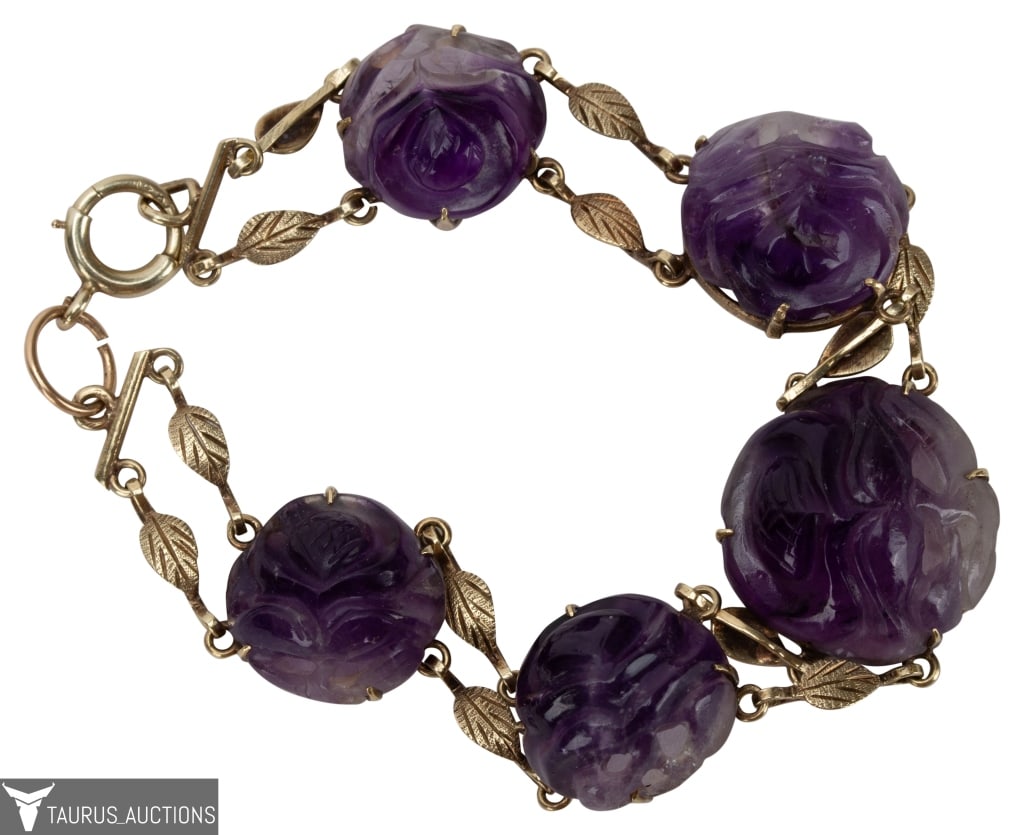 14K Carved Purple Jade Floral Station Bracelet (1 of 8)
