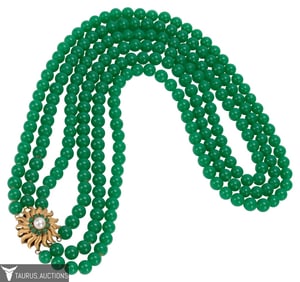 14K Green Jade Triple Strand Torsade Necklace