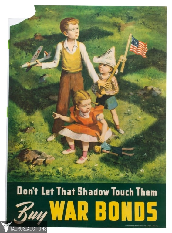 WWII Buy War Bonds Poster: Item/Description: Don't Let That Shadow Touch Them Buy War Bonds. World War ll poster. Foreboding image of shadow of a swastika hovering over children at play. Printed by the United States government.