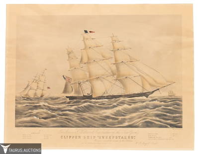 N. Currier - Clipper Ship "Sweepstakes" Lithograph: Item/Description: Lithograph of Sweepstakes by Frances Flora Bond Palmer and published by Nathaniel Currier in 1853. James E. Buttersworth (1817-1894). Signed in plate: J.E. Buttersworth. F.F. PALMER
