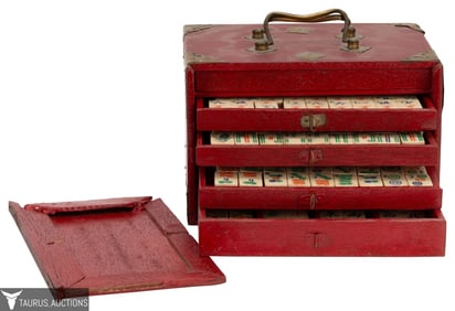 Mahjong Set - Brass Mounted Red Lacquer Box