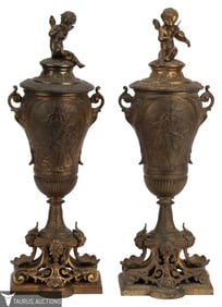 19th C Bronzed Putti Finial  Urn Pair