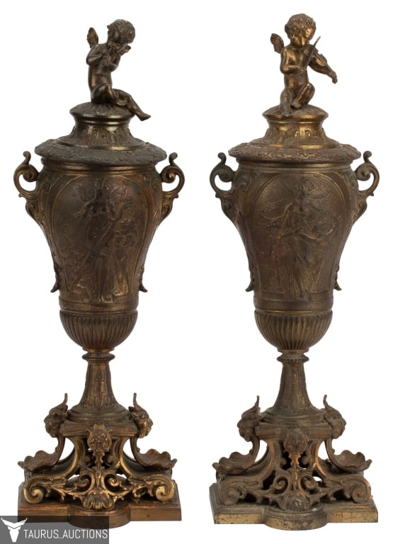 19th C Bronzed Putti Finial  Urn Pair (1 of 10)