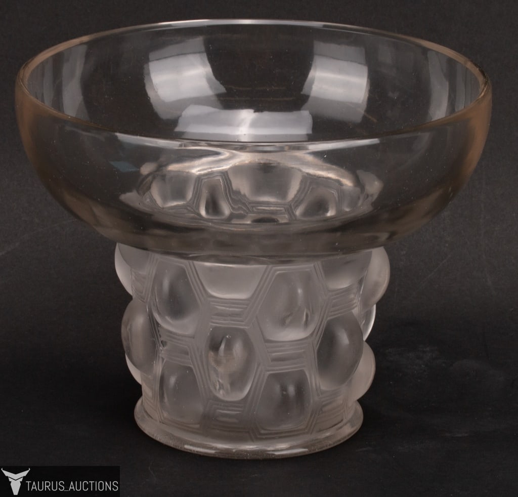 Rene Lalique Beautreillis Vase: Item/Description: Art Deco clear and frosted vase in trumpet form with raised cabochons in hexagonal borders, Beautreillus Vase was created in 1927 by Rene Lalique (1860 - 1945, French). Engraved 'R. 