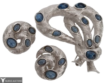 Crown Trifari Sapphire Silver Tone Three Piece Set