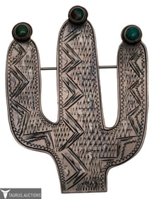 Sterling Southwestern Turquoise Cactus Brooch