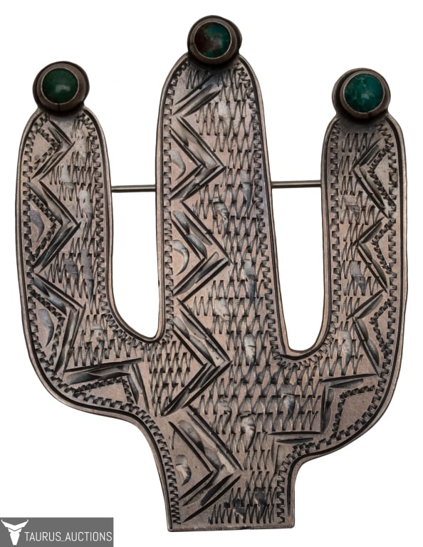 Sterling Southwestern Turquoise Cactus Brooch (1 of 7)