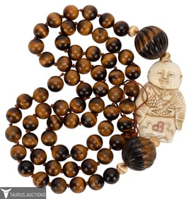 Japanese Netsuke Tiger's Eye Bead Necklace