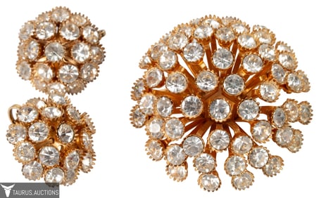 Rhinestone Atomic Floral Spray Gold Tone Parure