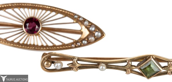 14K Art Nouveau Gemstone Seed Pearl Brooches