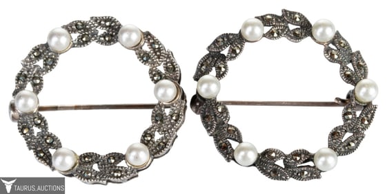 Sterling Silver Marcasite Pearl Wreath Pins - Pair