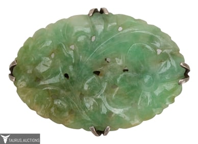 Carved Floral Green Jade Brooch