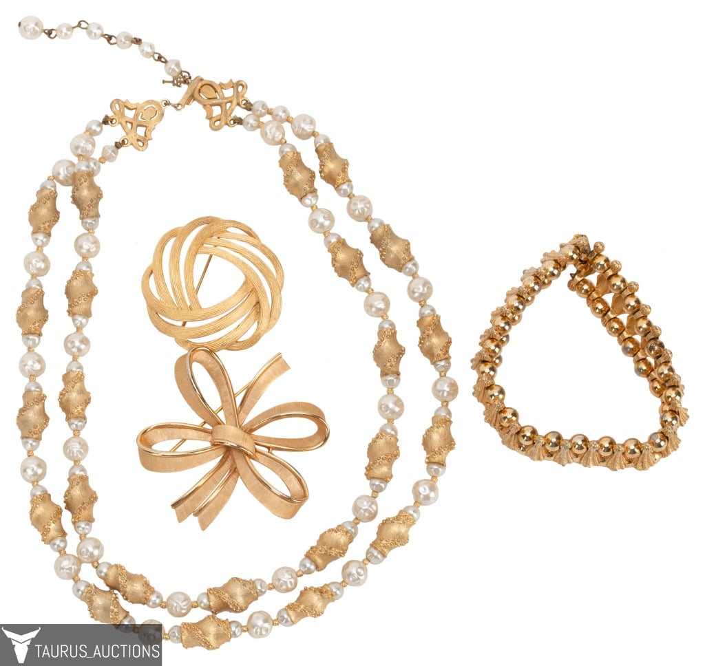 Signed Crown Trifari Jewelry - Four Piece Lot: Item/Description: Signed Trifari gold tone jewelry lot from the same estate includes a double strand choker necklace, two brooches and a bracelet. The necklace is comprised of matte gold tone barrel b