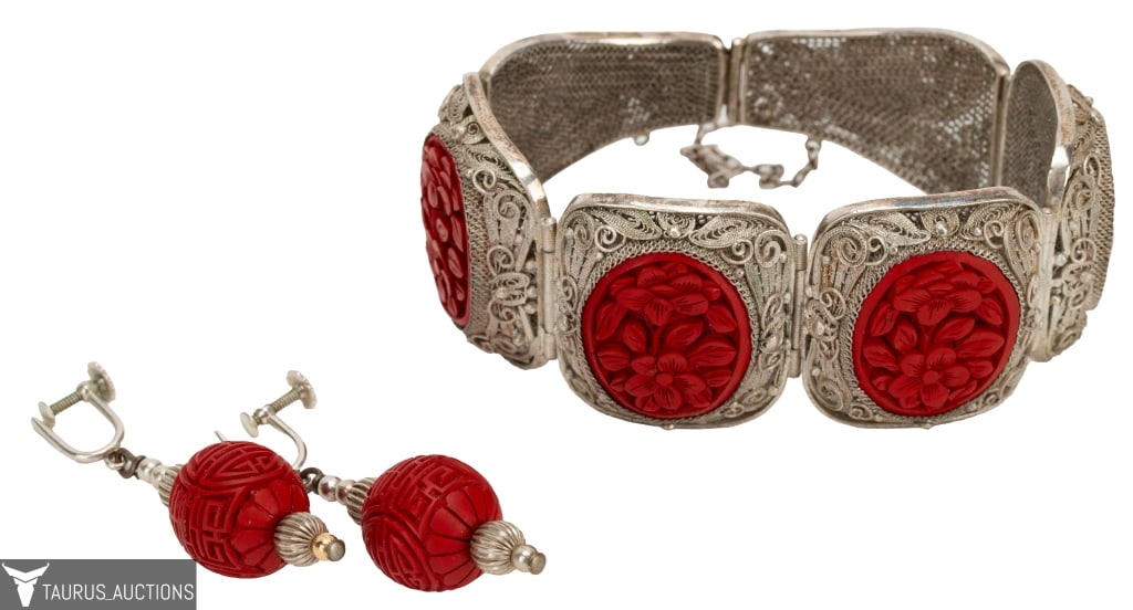 Sterling Cinnabar Bracelet & Earrings Demi Parure (1 of 9)