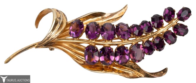 Retro Gilt Sterling Amethyst Glass Brooch