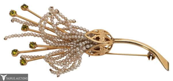 Seed Pearl Peridot Gold Plated Spray Pin