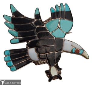 Signed Zuni Sterling Inlaid Eagle Pendant Brooch
