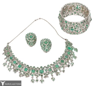 Emerald and Silver Three Piece Parure