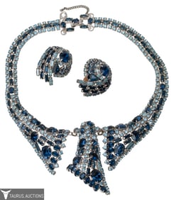 Crown Trifari Blue Rhinestone Demi Parure Boxed