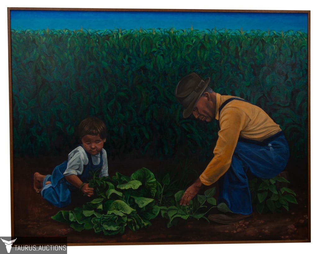 Edward Gonzales - In the Garden - Painting: Item/Description: Large figural painting depicts a Northern New Mexico farmer and his grandson tending to their garden. Signed lower left: Edward Gonzales. Further signed and dated en verso: Edward Go