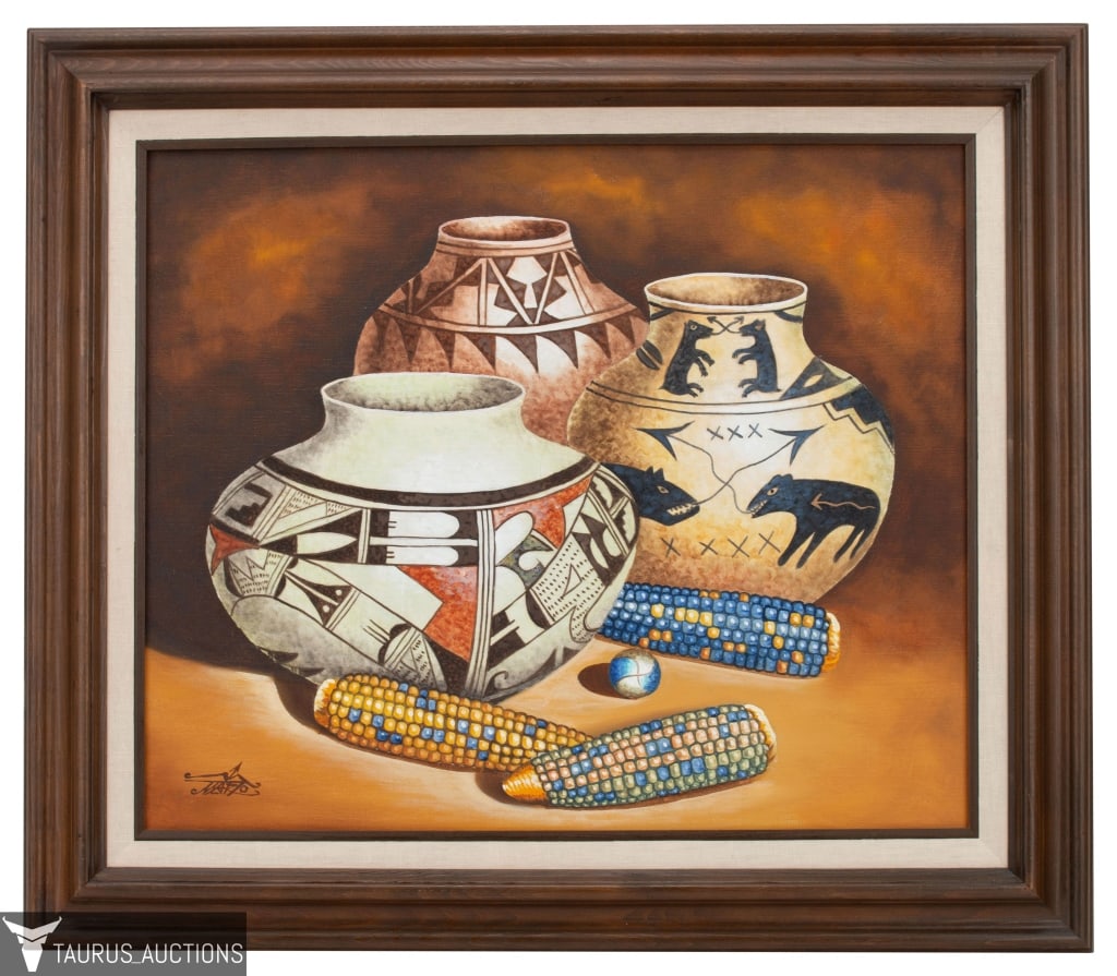 Mario Jung Southwestern Still Life Painting: Item/Description: Original painting depicts Acoma Pueblo Native American pottery. Signed lower left: Mario. Myung "Mario" Jung (Korean, b. 1949). Material: Oil on canvas Dimensions: Image size: Height