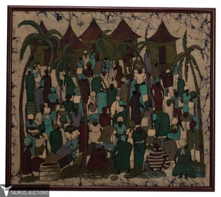 Kenyan Market Place Batik Painting, Signed