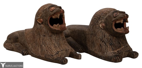 Tikar, Cameroon - Two Carved Wood Lions