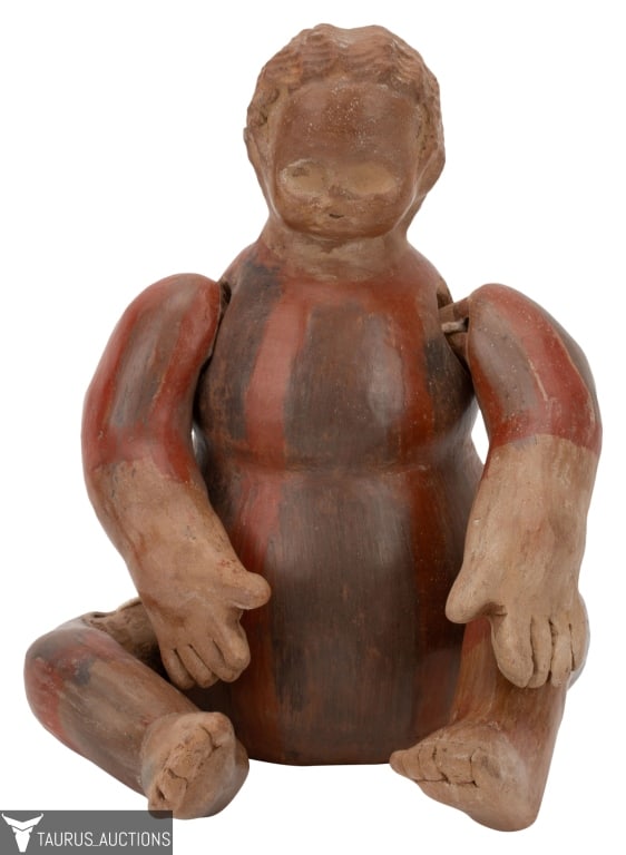 Nicaraguan Articulated Red Ware Clay Doll: Item/Description: Clay Doll in sitting pose. Movable arms and legs held on with fabric rope / straps. Made In Nicaragua. (Redware Clay Ceramic Figure, Folk Art, Nicaraguan Redware Pottery, Central Ame