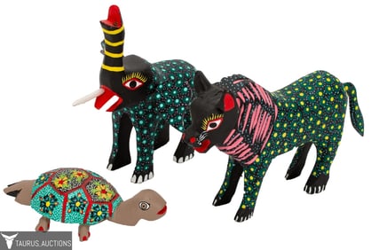 Signed Carved Wood Folk Art Animal Lot - Mexico