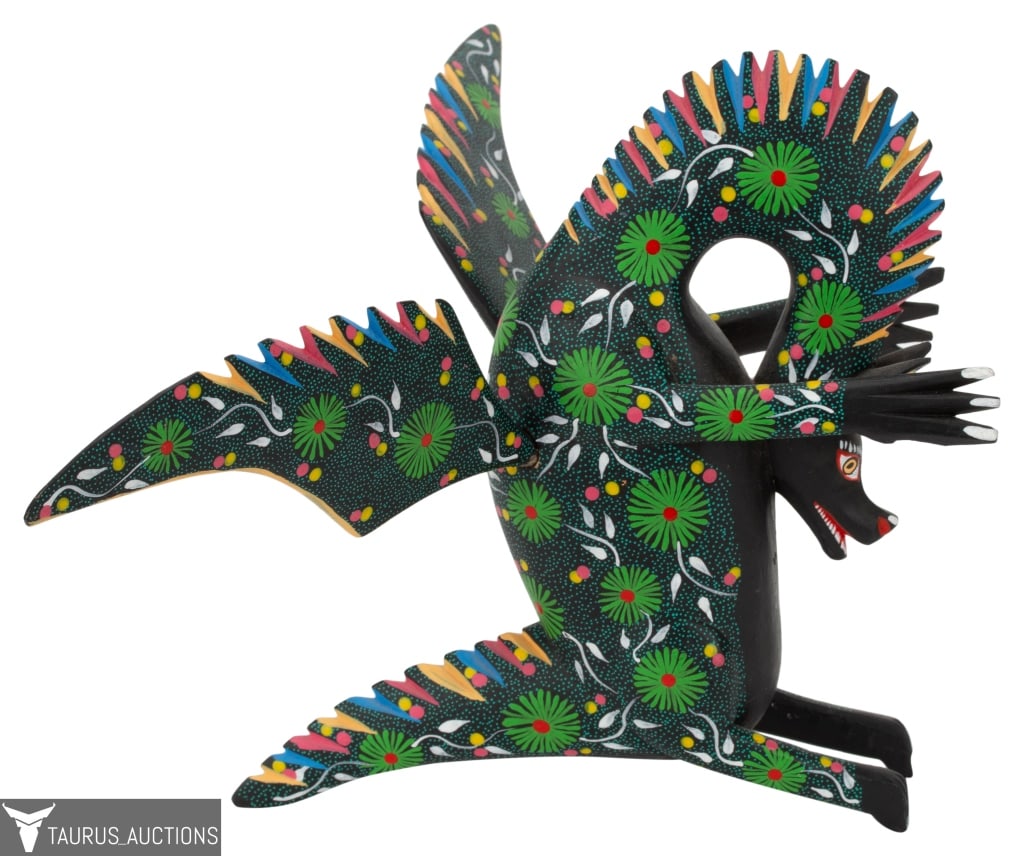 Francisco Hernandez Cruz Mexico Carved Wood Dragon: Item/Description: Fabulous hand-painted hand-carved winged dragon by Mexican artist, Francisco Hernandez Cruz. Vivid colors, decorated with flowers, vines, dots and stripes. Great detail and design. A
