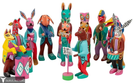 Signed Carved Wood Folk Art Animal Band - Mexico