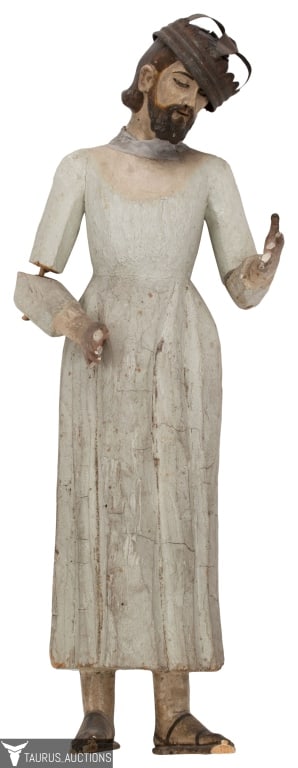 Antique Hand Carved Santos of Christ: Item/Description: Santos carved wood figure of Christ. Polychrome wood form depicts Jesus in white robe, sandals and a metal crown. (Jesus of Nazareth, Saint, Religious, Catholicism, Apostle, Christia