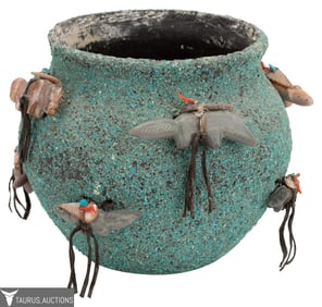 Zuni Fetish Pottery Bowl, Turquoise & Hardstone
