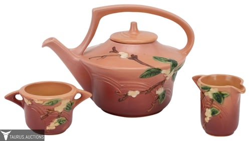 Roseville Snowberry Pink Tea Pot, Creamer & Sugar