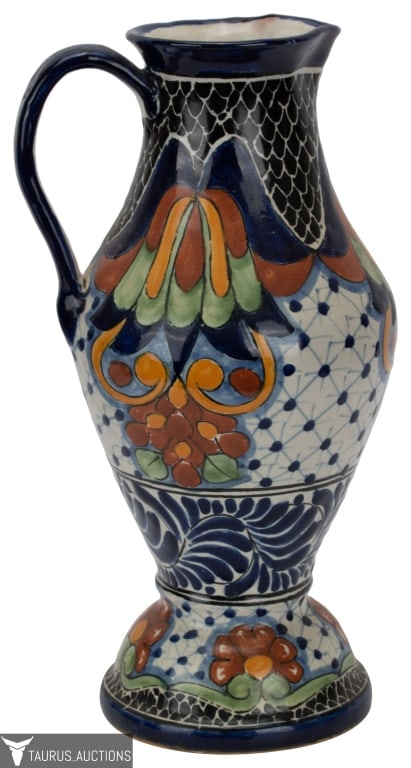 Talavera - La Corona, Mexican Pottery Pitcher: Item/Description: Hand painted Mexican Talavera handled pitcher. Base signed Talavera / La Corona / Tiax. Mex. and with crown logo. Hand made by La Corona Family in Tlaxcala, just outside the city of 