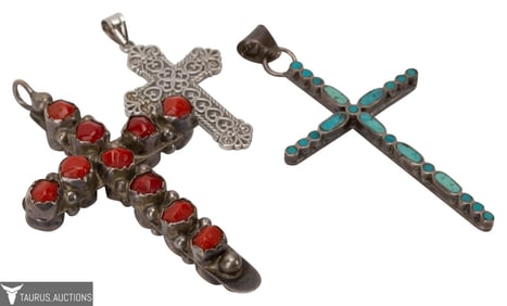 Sterling Inlaid Stone Crucifix Pendant Lot