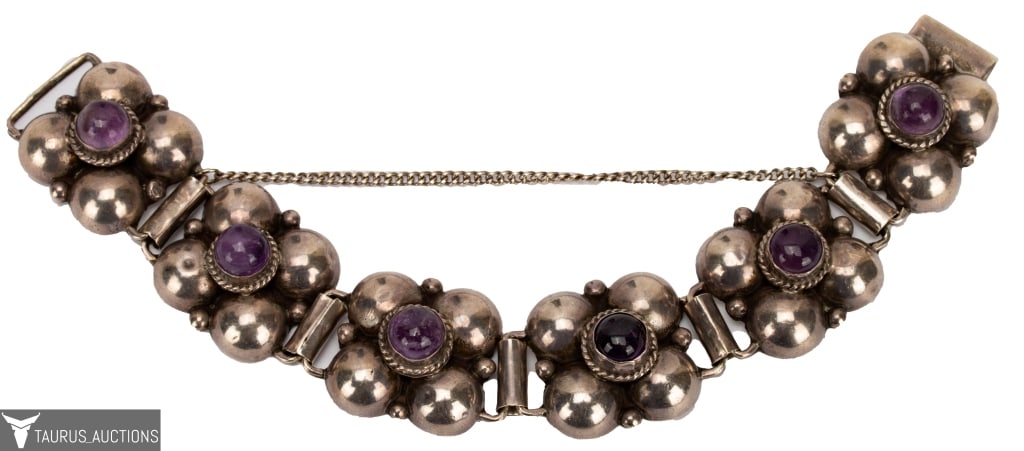 Retro Mexican Silver & Amethyst Panel Bracelet (1 of 4)