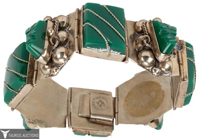 Sterling Taxco Green Onyx Mask Panel Bracelet