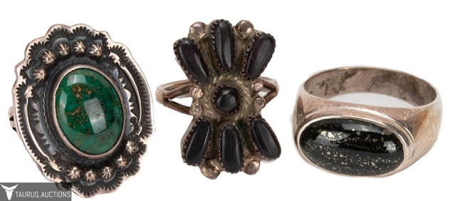 Native American Sterling Onyx,Turquoise Ring Lot