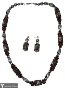 Signed Garnet Cloisonne Hematite Jewelry Set