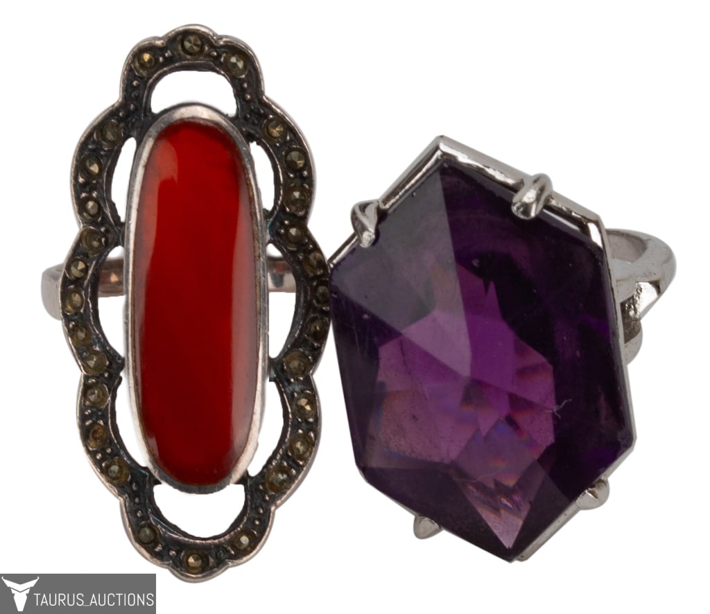 Art Deco Sterling Rings: Carnelian, Amethyst Glass (1 of 6)
