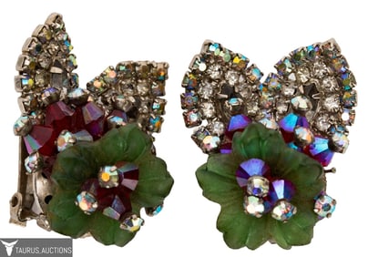 Signed Hobe' Floral Crystal Clip Earrings