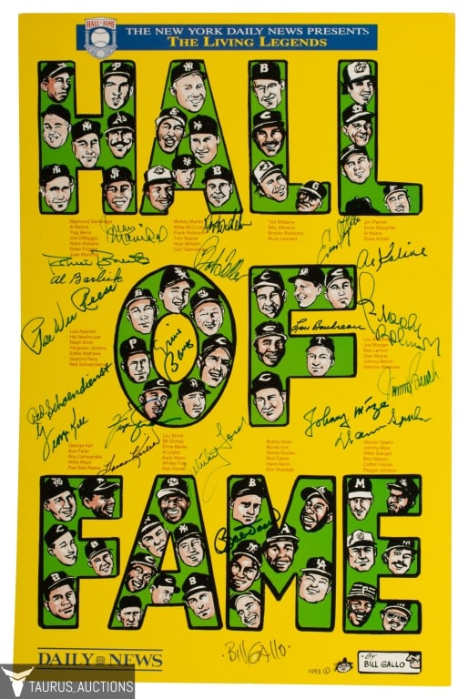 Multi Signed Daily News Living Legends Print #2: Item/Description: Multi signed New York Daily News Poster Print entitled "The Living Legends." Print features 21 signatures including HOFs Johnny Bench, Harmon Killebrew, Juan Marichal, Whitey Ford, B