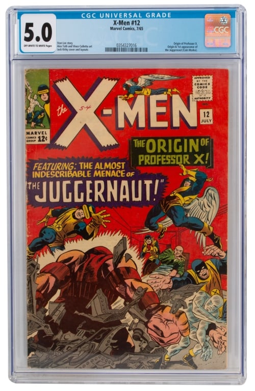 Marvel Comics X-Men #12 CGC 5.0: Item/Description: X-Men #12 comic book CGC 5.0. Origin of Professor X. Origin and first appearance of the Juggernaut (Cain Marko). Stan Lee story. Alex Toth & Vince Colletta art. Jack Kirby cover & la