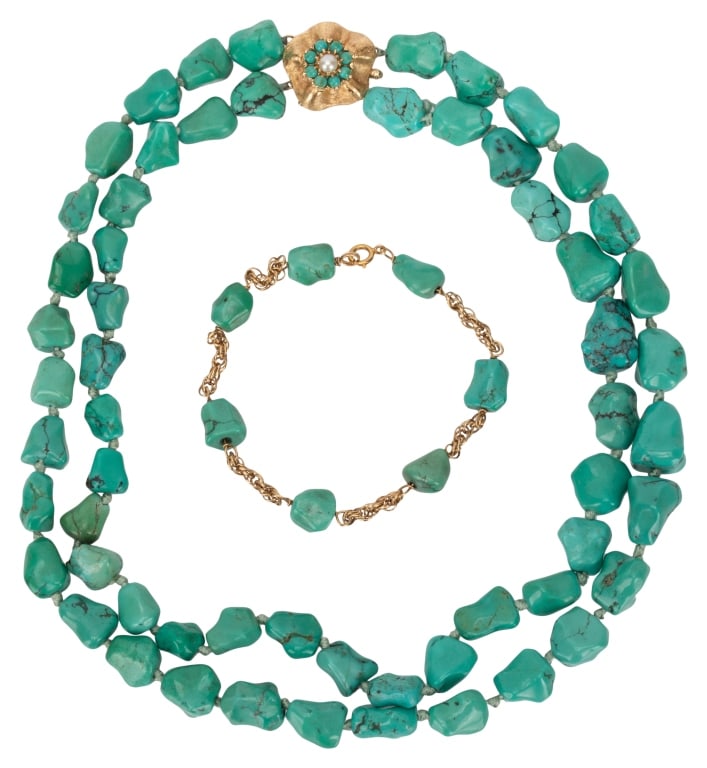 14K Gold Turquoise Nugget Jewelry Lot: Item/Description: Stunning 14K yellow gold and natural azure blue tumbled turquoise nugget bead jewelry. Acquired from the same estate, this two piece lot includes a graduated double strand choker nec