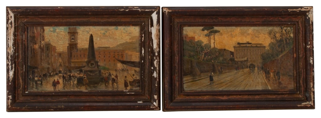 Vincenzo Canino - Italian Street Scenes: Item/Description: Pair of Italian street scenes. Each oil painting on wood panel is signed lower right. One depicts the obelisk in Piazza del Mercato "The Square Where Public Executions Took Place", N
